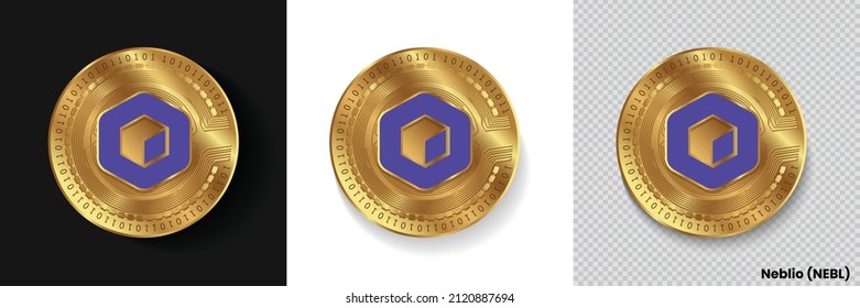 Set of Neblio NEBL crypto currency logo symbol vector isolated on white, dark and transparent background. Can be used as golden coin sticker, icon, label, badge, print design and emblem