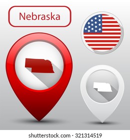 Set of Nebraska state with flag america and map pointer