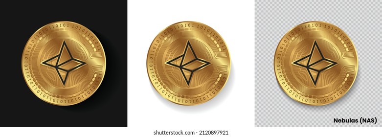 Set of Nebulas NAS crypto currency logo symbol vector isolated on white, dark and transparent background. Can be used as golden coin sticker, icon, label, badge, print design and emblem