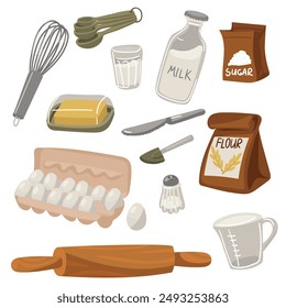 Set of necessary ingredients and baking tools. Set includes a paper bag with flour, bag of sugar, piece of butter, measuring cup, chicken eggs, salt shaker, whisk, bag of milk and wooden rolling pin.