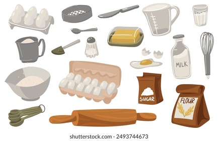 Set of necessary ingredients and baking tools. Paper bag with flour, bag of sugar, piece of butter, measuring cup, chicken eggs, salt shaker, whisk, bag of milk, wooden rolling pin and more.