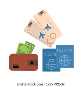 Set von notwendigen Dingen für ausländische Flüge, Pässe, Flugtickets und Geldbeutel mit Geld, Reise, Vektorsymbol im flachen Stil auf weißem Hintergrund.