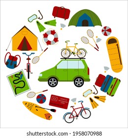 A set of necessary things to travel by car in a round frame. Backpack, fins, diving mask, lifebuoy, map, badminton, ball, sup, sleeping bag, bike, suitcases. Family hobby. Flat style Vector.