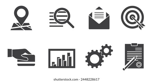 Conjunto de íconos monocromos de Vector necesarios - ubicación, búsqueda, correo o Comentarios, pago, Acuerdo y otros. Para decoración de Sitios web o páginas de destino.