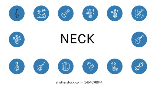 Set of neck icons such as Guitar, Flamingo, Bass guitar, Electric guitar, Long sleeve, Giraffe, Bow tie , neck