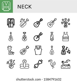 Set of neck icons. Such as Long sleeve, Trench coat, Guitar, Bass guitar, Acoustic guitar, Necktie, Sleeveless shirt, Giraffe, Flamingo, Bow tie , neck icons