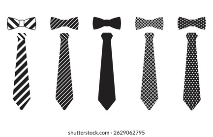 Set of Neck Tie and Bow Tie Vector Silhouettes with Striped, Solid, Grid, and Polka Dot Patterns Isolated on Transparent White Background