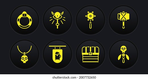 Set Necklace amulet, Medieval axe, Street signboard with Bar, Chest, chained mace ball, Magic staff, and stone ring icon. Vector