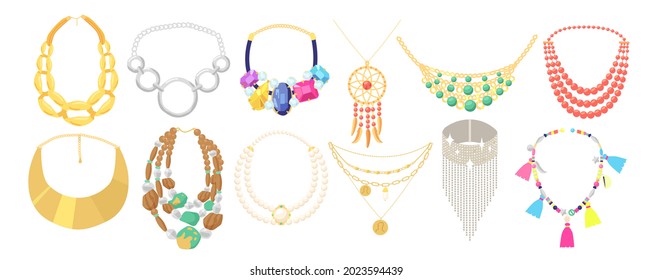 Set Necklace, Beads Jewelry of Gold Metal and Rocks Isolated on White Background. Bijoux for Women, Boho Bijouterie Precious or Semi-precious Gem Stones, Jewels. Cartoon Vector Illustration, Icons