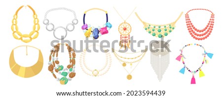 Set Necklace, Beads Jewelry of Gold Metal and Rocks Isolated on White Background. Bijoux for Women, Boho Bijouterie Precious or Semi-precious Gem Stones, Jewels. Cartoon Vector Illustration, Icons Foto d'archivio © 