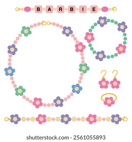 Set with necklace, bracelets and earrings. Funky flowers bracelets flat vector set