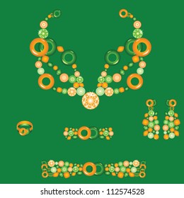 set from necklace brooch ring earrings and bracelet with orange and green stones