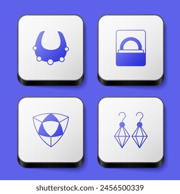 Set Collar, anillo de compromiso de diamantes en caja, y Pendientes icono. Botón cuadrado blanco. Vector