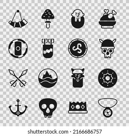 Set Necklace with gem, Shield viking, Skull helmet, Viking head, Quiver arrows, Hunting horn and  icon. Vector