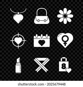 Set Necklace with heart shaped pendant, Handbag, Flower, Lipstick, Breast cancer awareness ribbon, Shopping, Heart the center of target aim and Calendar 8 March icon. Vector