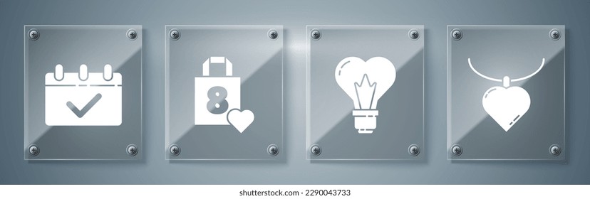 Set Necklace with heart shaped pendant, Heart shape in a light bulb, Shopping bag with heart and Calendar with 8 March. Square glass panels. Vector