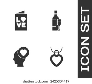 Set Necklace with heart shaped, Valentines day party flyer, Head and Champagne bottle icon. Vector