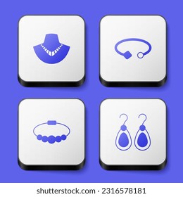 Set Necklace on mannequin, Bracelet jewelry,  and Earrings icon. White square button. Vector