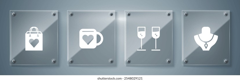 Set Necklace on mannequin, Glass of champagne, Coffee cup and heart and Shopping bag with. Square glass panels. Vector