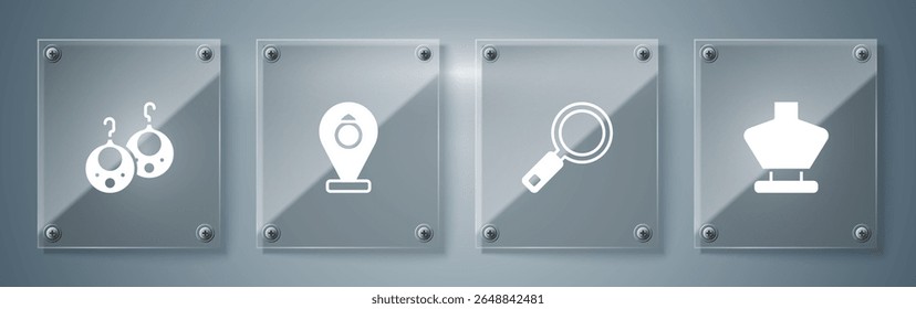 Set Necklace on mannequin, Magnifying glass, Jewelry store and Earrings. Square glass panels. Vector