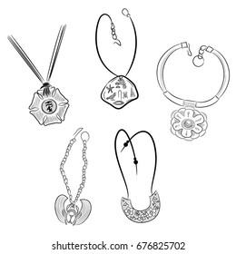 set of necklace on the neck. vintage jewelry in modern style, the symbolism of ancient civilizations