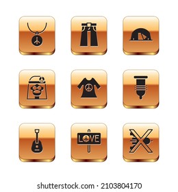 Set Necklace with peace symbol, Guitar, Peace, dress print stamp, Hippie girl, Tourist tent, No war and Jeans wide icon. Vector