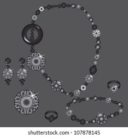 set from necklace ring earrings brooch and bracelet with stones