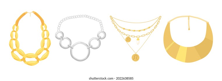Set of Necklaces, Beads Jewelry Isolated on White Background. Gold and Silver Jewels, Bijoux for Women, Boho Bijouterie of Precious Metal, Golden or Silver Luxury Pendants. Cartoon Vector Illustration