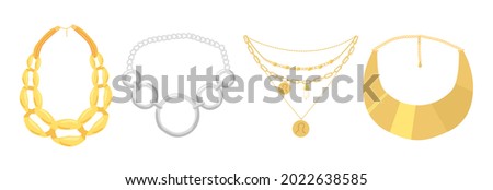 Set of Necklaces, Beads Jewelry Isolated on White Background. Gold and Silver Jewels, Bijoux for Women, Boho Bijouterie of Precious Metal, Golden or Silver Luxury Pendants. Cartoon Vector Illustration Foto d'archivio © 