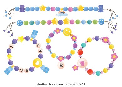 Set of necklaces, bracelets in a cartoon style.Vector illustration of cute necklaces, bracelets with colored balls, bags, stars,rainbows,emoticons,letters strung on cords isolated on white background.