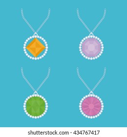 Set of necklaces with different jewels on a blue background