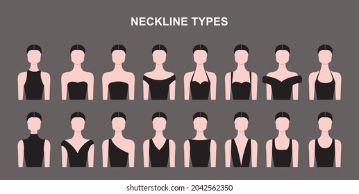 Conjunto De Tipos De Cuello Ilustración Vector Material Ilustración Mujer Tipo De Cuello Modelos Colección Vector Mujeres Cuello de Cuello Estilo Icono Fijar varias líneas de cuello en maniquíes mujeres