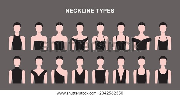 Set Of\
Neckline Types Stock Vector Illustration Woman Neckline Type Symbol\
Models Collection Vector Female Dress Necklines Style Icon Set\
various neck lines on woman\
mannequins