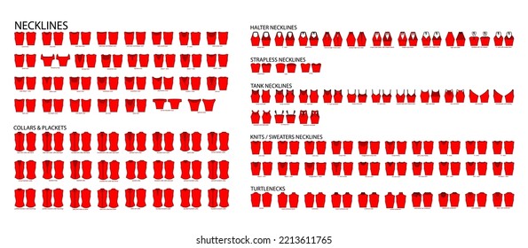 Set of necklines clothes - collars, plackets, knits, sweaters, tops, strapless, turtlenecks, tank, halter technical fashion illustration. Flat apparel template front, back sides. Women, men CAD mockup