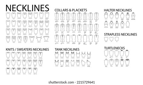 Set of necklines clothes - collars, plackets, knits, sweaters, tops, strapless, turtlenecks, tank, halter technical fashion illustration. Flat apparel template front side. Women, men unisex CAD mockup