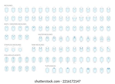 Set of necklines clothes - collars, plackets, knits, sweaters, tops, strapless, turtlenecks, tank, halter technical fashion illustration. Flat apparel template front sides. Women, men CAD mockup