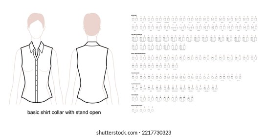 Set of necklines clothes - collars, plackets, knits, sweaters, tops, strapless, turtlenecks, tank, halter technical fashion illustration. Flat apparel template front, back sides. Women, men CAD mockup