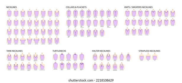 Set of necklines clothes - collars, plackets, knits, sweaters, tops, strapless, turtlenecks, tank, halter technical fashion illustration. Flat apparel template front sides. Women, men CAD mockup