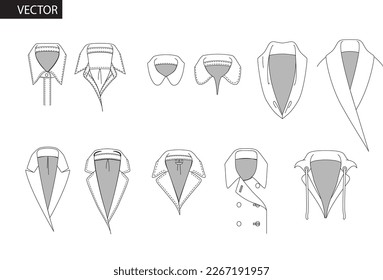 Set of necklines clothes - collars, plackets, knits, sweaters, tops, strapless, turtlenecks, tank, halter technical fashion illustration. Flat apparel template front side. Women, men unisex CAD mockup