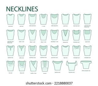 Set of necklines clothes - round, oval, U - V - neck, cowl, boat, scoop, plunge collars for dress, tops, tank technical fashion illustration. Flat vector apparel template front side. Women CAD mockup