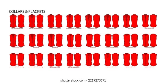 Set of necklines of collars and plackets for clothes tops, shirts, blouses technical fashion illustration with fitted body. Flat apparel template front, back sides. Women, men unisex CAD mockup