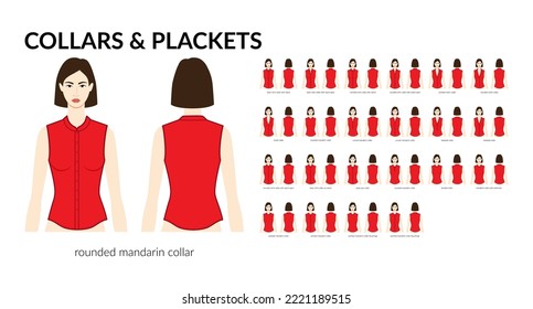 Set of necklines of collars and plackets, stand, mandarin, baseball necks clothes tops, shirts, blouses technical fashion illustration. Flat apparel template front side. Women, men unisex CAD mockup