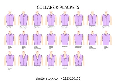 Set of necklines of collars and plackets, stand, mandarin, baseball necks clothes tops, shirts, blouses technical fashion illustration. Flat apparel template front side. Women, men unisex CAD mockup