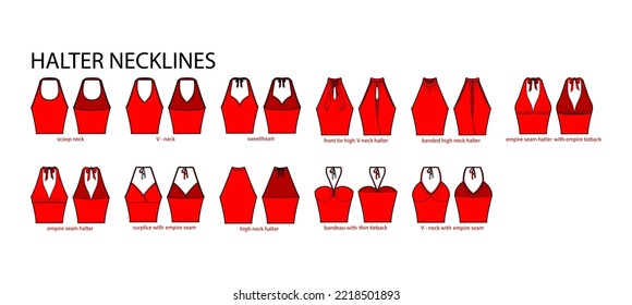 Set of necklines halter clothes - tops, blouses, shirts sweetheart, front tie, scoop, V-neck technical fashion illustration. Flat apparel template front, back sides. Women, men unisex CAD mockup