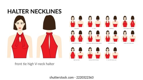 Set of necklines halter clothes - tops, blouses, shirts sweetheart, front tie, scoop, empire, V-neck technical fashion illustration with fitted body. Flat apparel template. Women men unisex CAD mockup