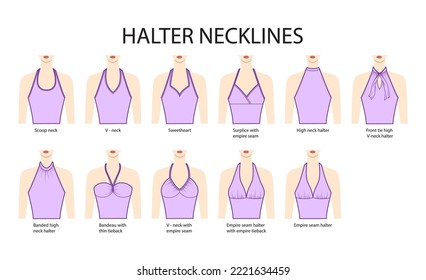 Set of necklines halter clothes - tops, blouses, shirts sweetheart, front tie, scoop, empire, V-neck technical fashion illustration with fitted body. Flat apparel template. Women men unisex CAD mockup