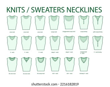 Set of necklines knits and sweaters clothes - collars, tops, blouses, dresses crew, scoop neck technical fashion illustration with fitted body. Flat apparel template. Women, men unisex CAD mockup