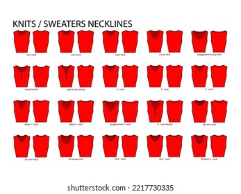 Set of necklines knits and sweaters clothes - collars, tops, blouses, dresses crew, scoop neck technical fashion illustration. Flat apparel template front, back sides. Women, men unisex CAD mockup