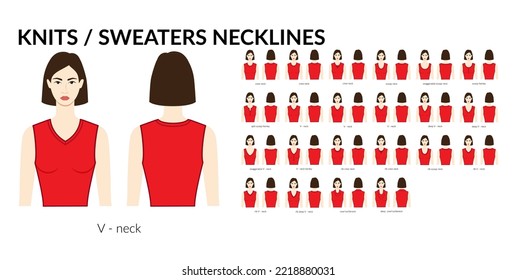 Set of necklines knits and sweaters clothes - collars, tops, blouses, dresses crew, scoop neck technical fashion illustration with fitted body. Flat apparel template. Women, men unisex CAD mockup