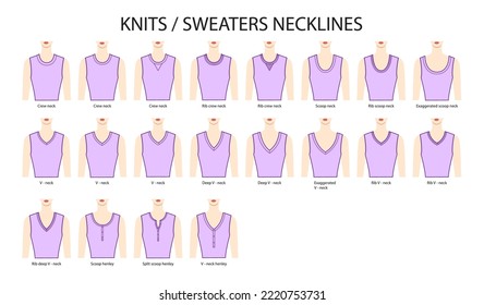 Set of necklines knits and sweaters clothes - collars, tops, blouses, dresses crew, scoop neck technical fashion illustration with fitted body. Flat apparel template. Women, men unisex CAD mockup